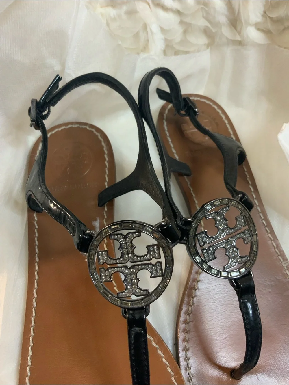 Tory Burch Black Leather Logo Thong Sandals with Tan Footbed
